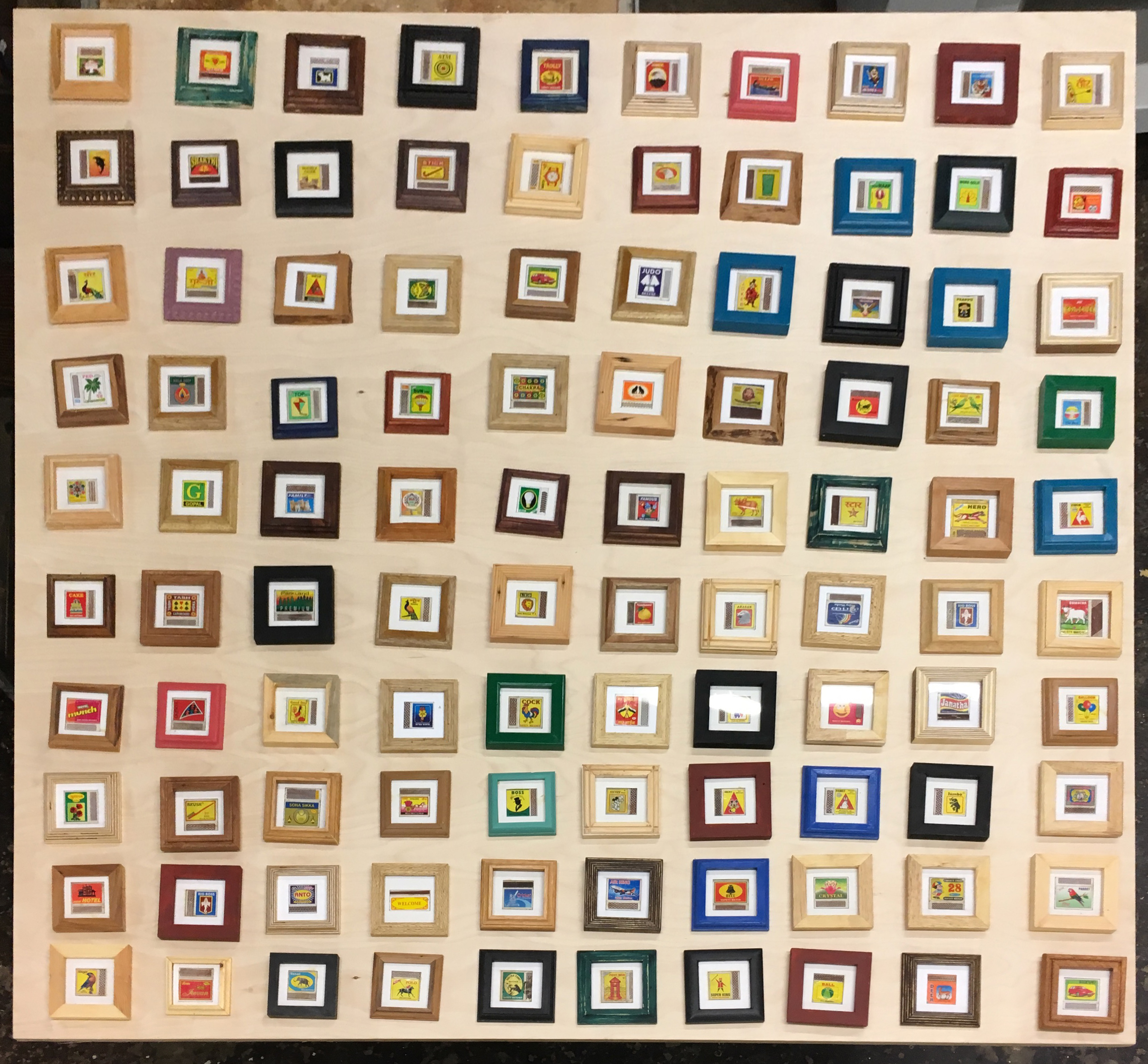 Slowly over the last three years, I have been making frames for each of the matchboxes in my collection from the scrap wood in shop where I work.