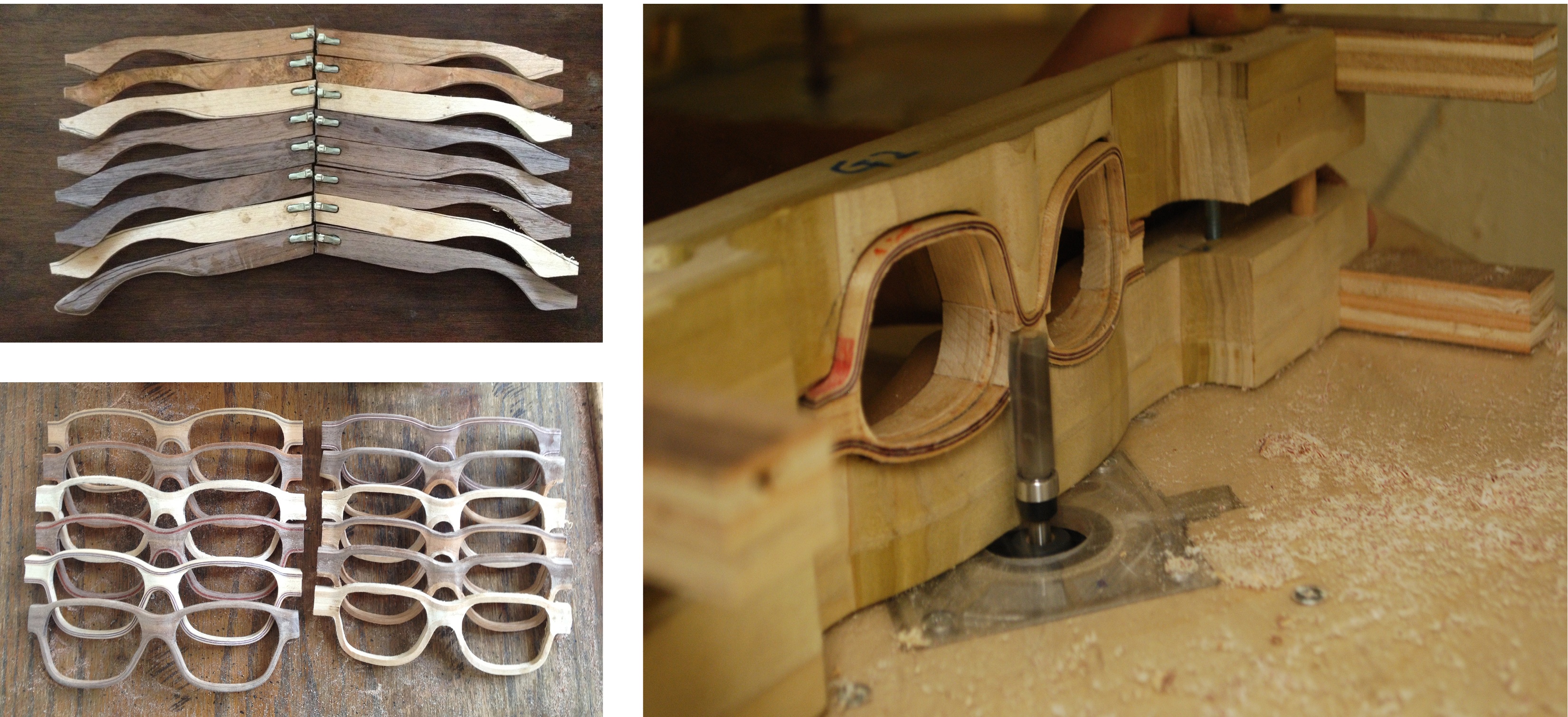 After veneer is bent into blanks a series of jigs are used to cut them into shape