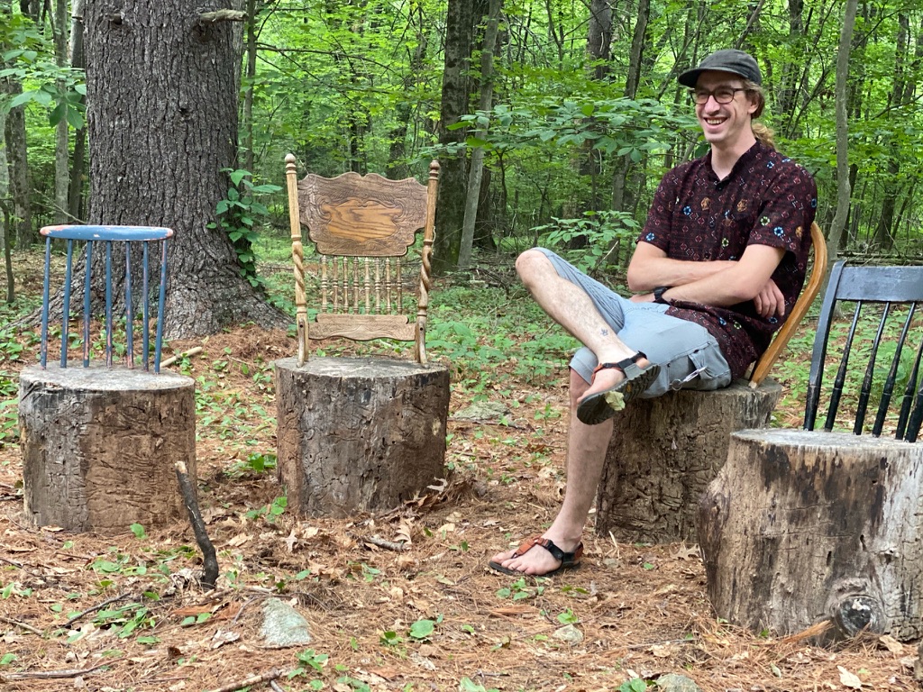 Four temporary chairs were installed in Beals Preserve as part of the 2021 Art on the Trails. The theme of the show was 'Mending'.