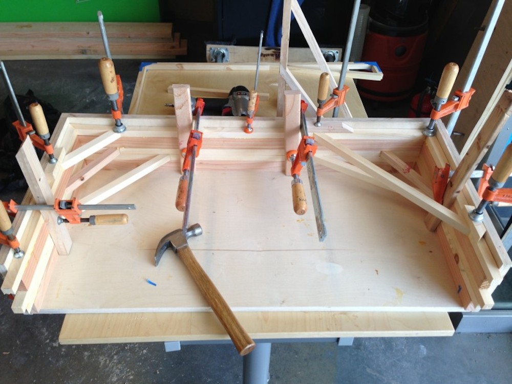 One of my main contributions to the bench project was to design a better system of fabrication for the bench. This is the glue-up jig for one version of the benches. 