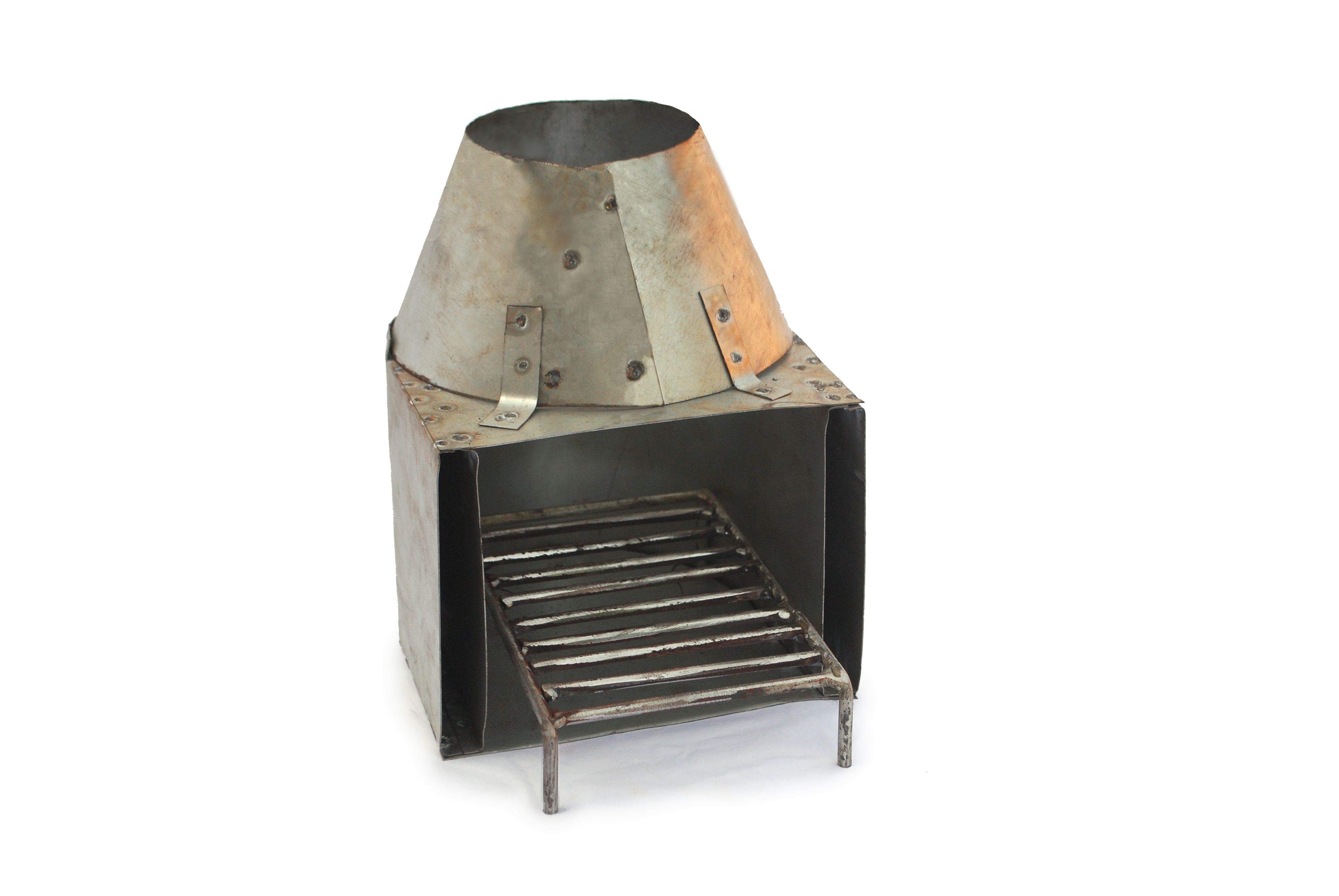 By stripping off the outer body of the stove, we were able to reduce the cost of the stove significantly. Pictured above is an early prototype of this stove.