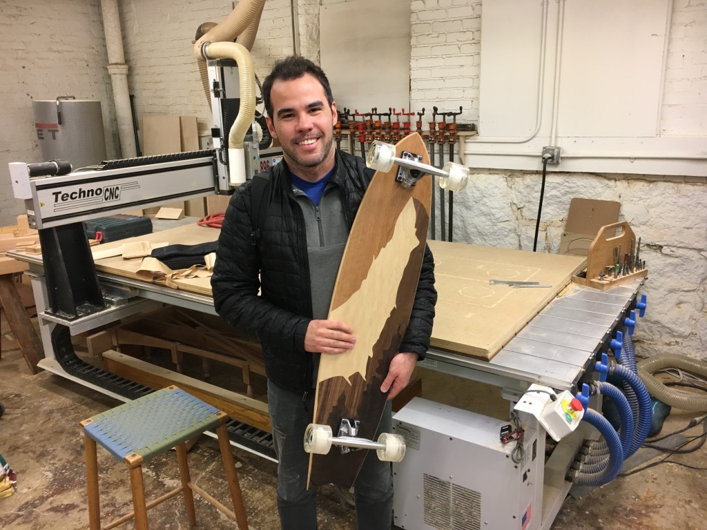 Andres was a member of a custom skateboard building class. Students learned CAD and CAM in Fusion 360, designed their own skateboard deck shape and cut it on the CNC router. They also used Adobe Illustrator to create a laser cut veneer inlay pattern for the bottom of the boards.