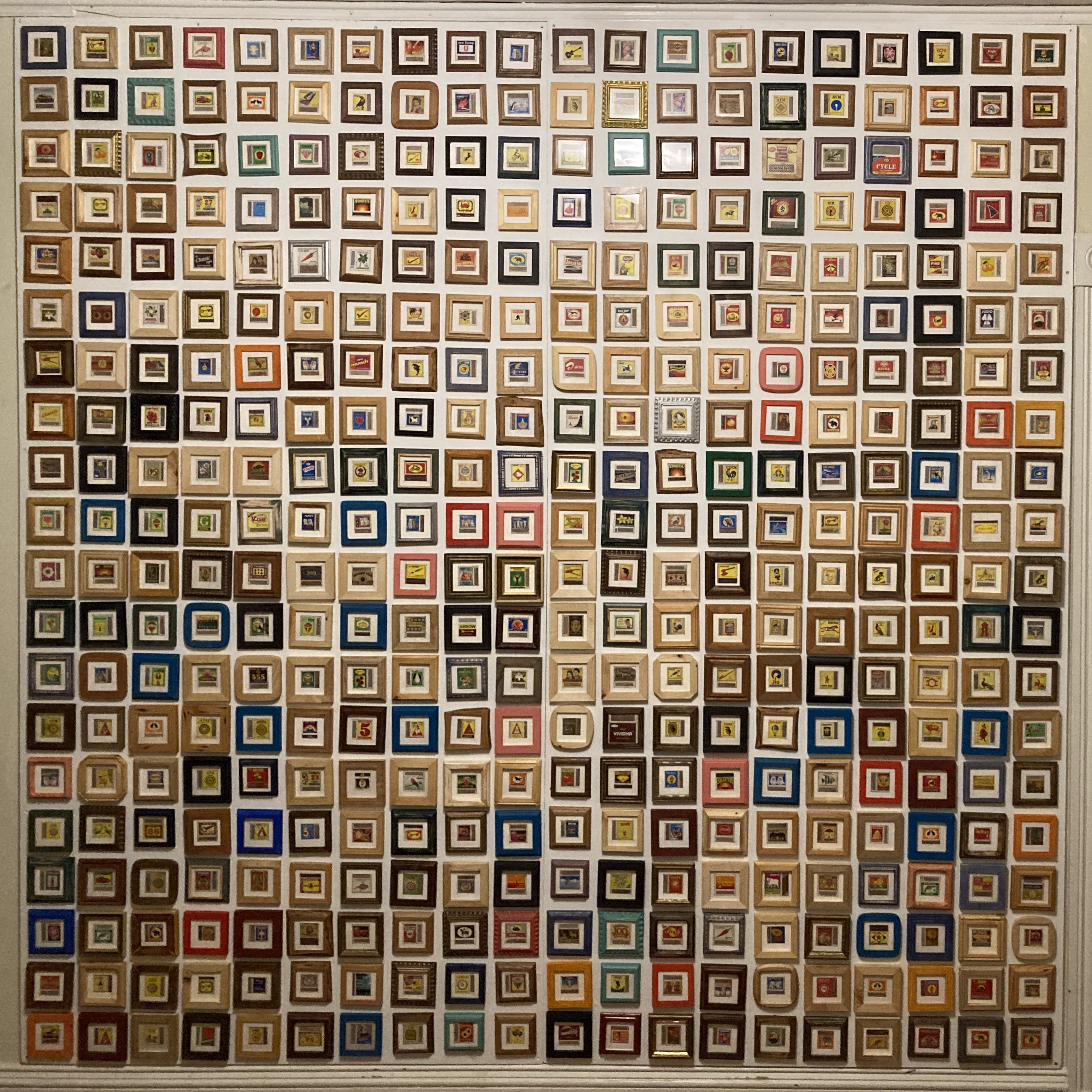 400 unique matchbox brands hung in individual frames. 