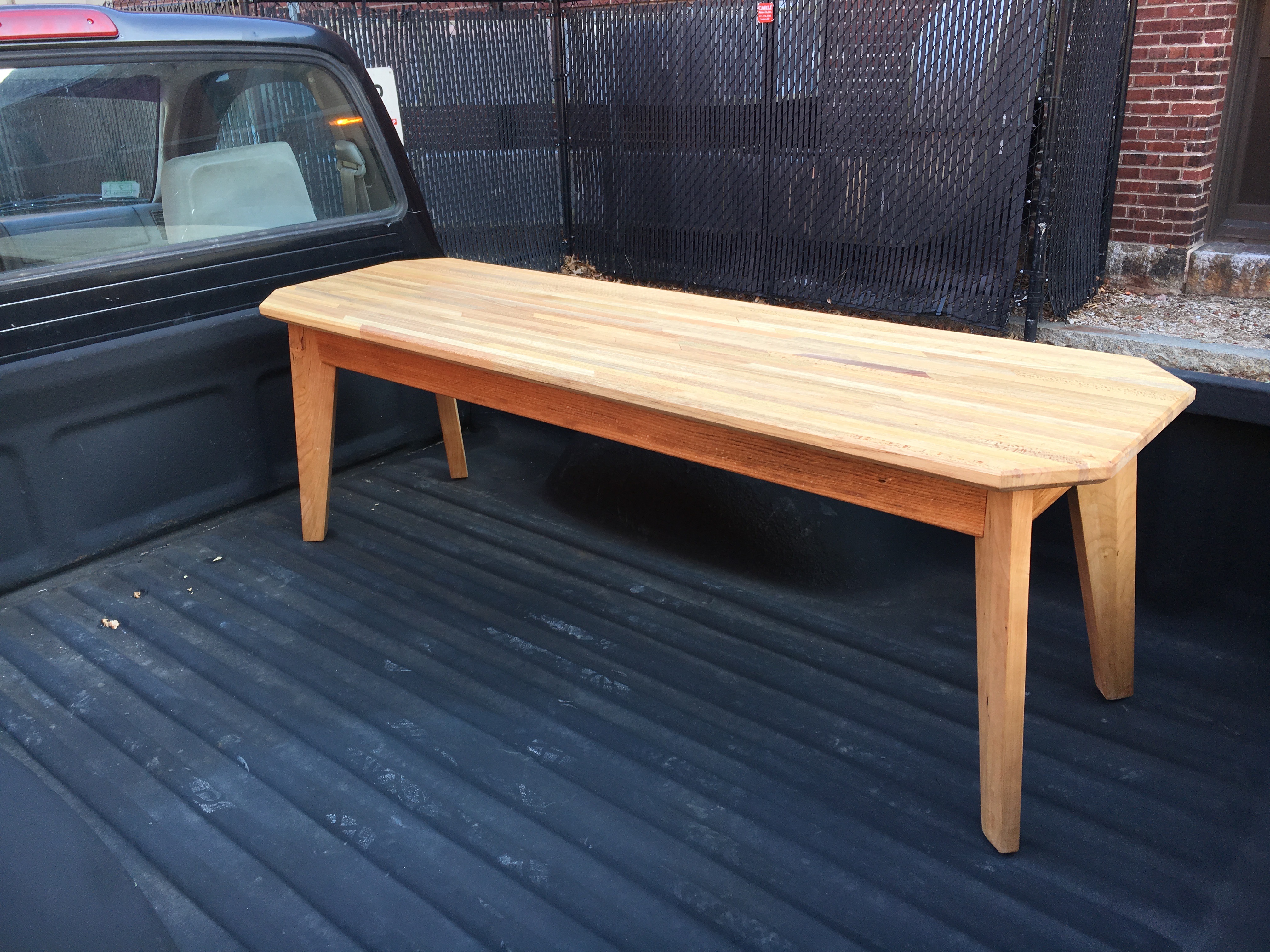 Coffee table from recycled pallet wood. Pictured here in an uncharacteristically clean truck. 
