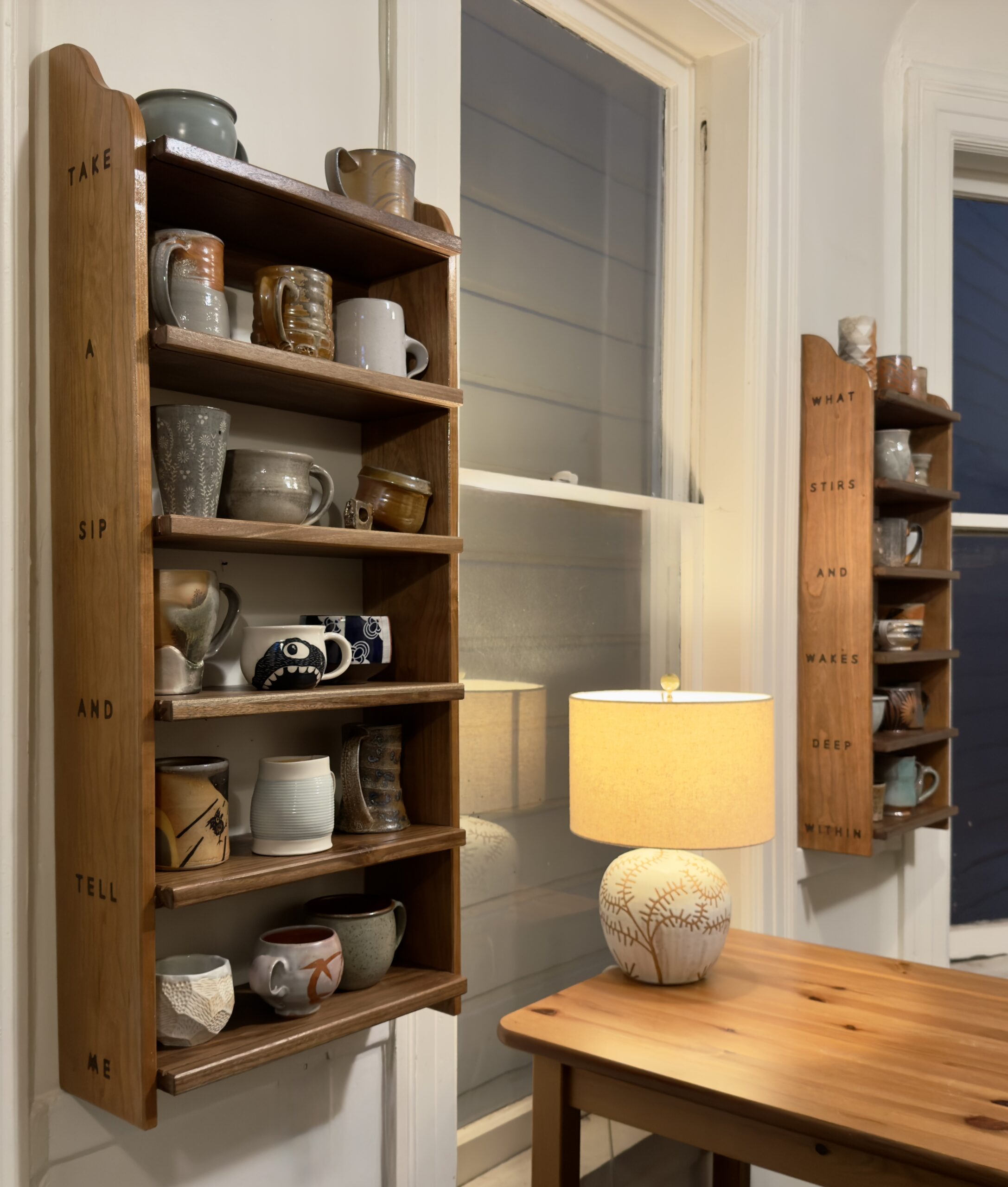 My largest project to date with JOINTLY is a set of shelves for my brother to display his extensive tea mug collection. My wife Sadie wrote the poem that creates the joinery for this project.