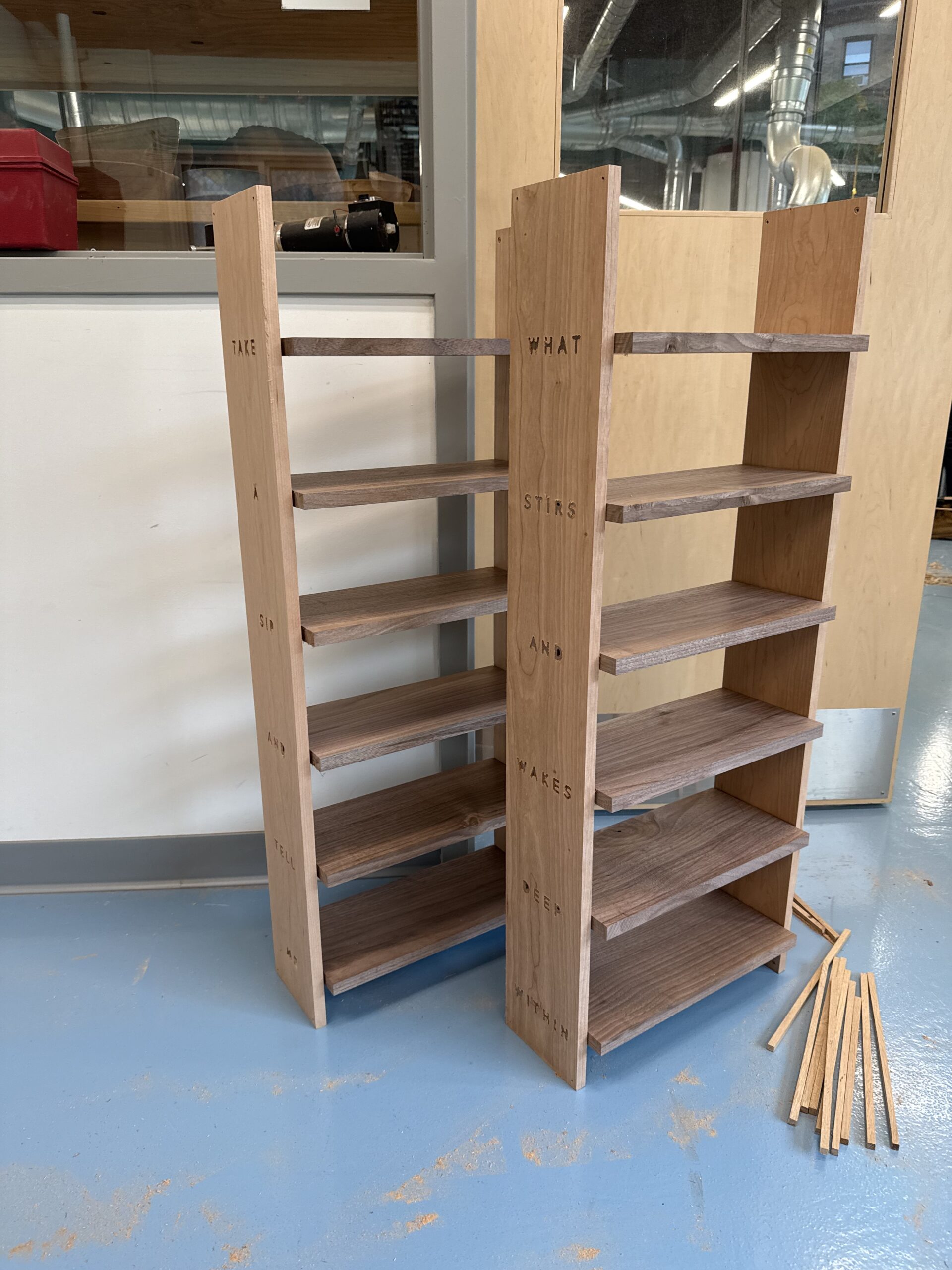 Work in progress, this set of shelves was designed for my brother, Alex. He is an expert potter and asked for a set of shelves for his tea mugs. The poem on the sides was written by my wife, Sadie.