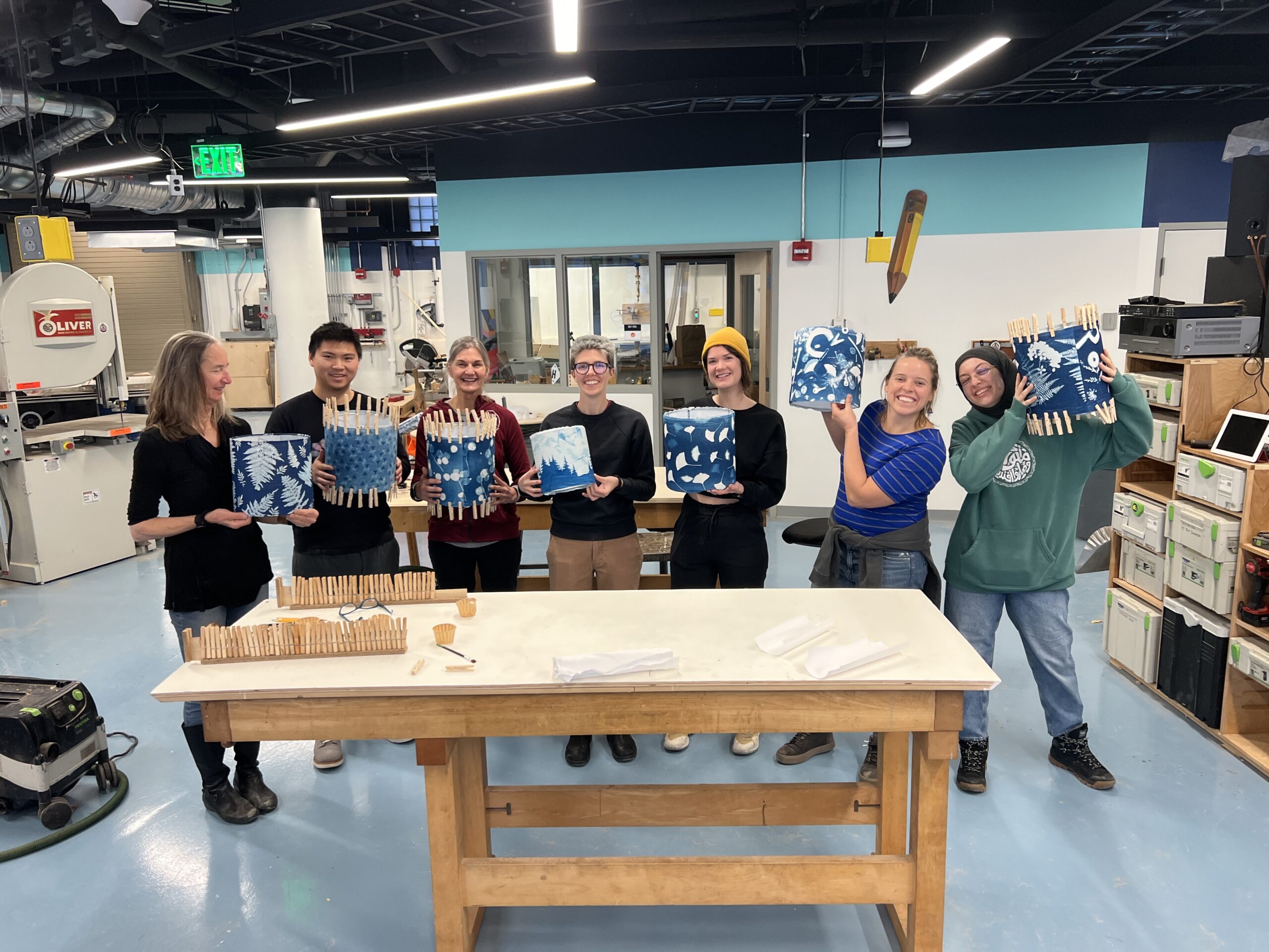 My mom and I co-taught a cyanotype lamp shade making class. In a machine shop with mostly large and dangerous tools, it is important to me that we also have offerings with lower barriers. This class was a resounding success in that way.