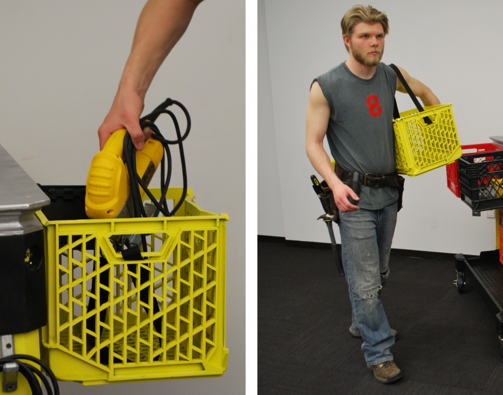 Crates can be hung on the top rail of the cart for easy tool access or carried with an integrated strap and handles. 