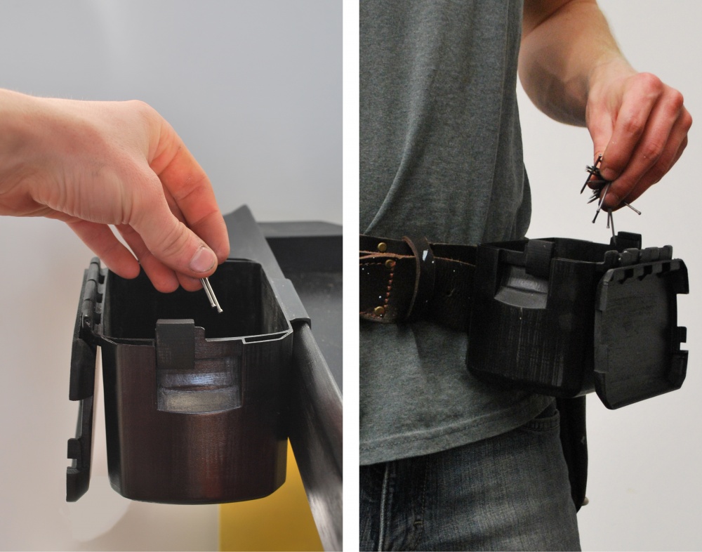 The faster cup attaches on the side of the cart, inside a crate or on a tool belt for easy access. The lid can be locked open or closed. 