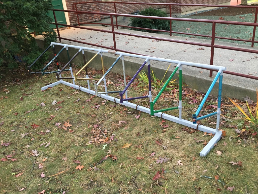 A second bike rack from bikes commissioned by the Quaker Meeting in Providence.