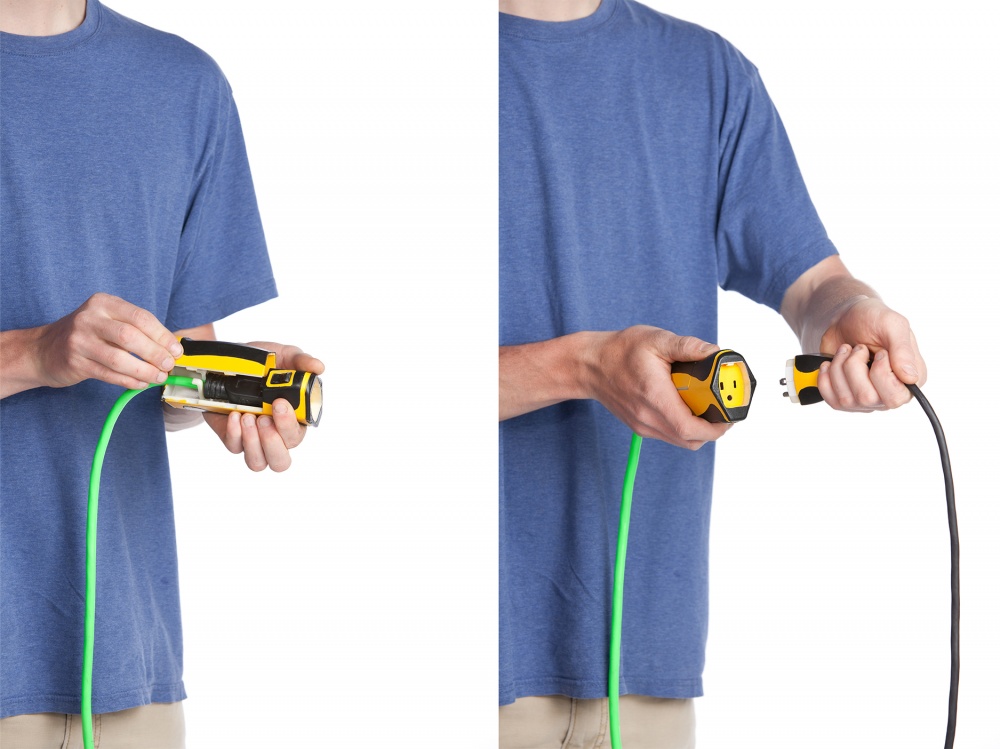OSHA regulations are very strict about extension cords. CordLock is a system designed to temporarily lock cords to one another in order to better align with OSHA regulations. Included in the system is an adapter for existing cords that allows them to fit with other components in the system.